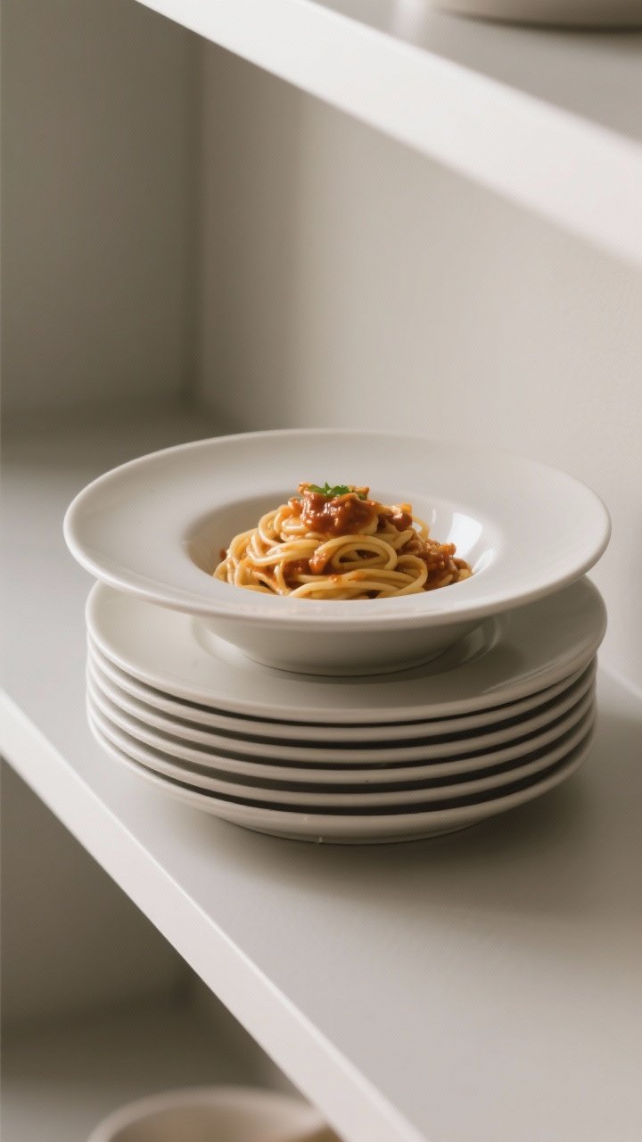 5 inch coupe plates neatly nested in a shallow stack on a narrow shelf, showing the gently curved rim that works like a bowl. One top plate holds saucy pasta to demonstrate slosh-resistant curve; others remain clean to show modern seamless edge. Neutral, contemporary palette with a soft matte finish. Even natural light highlighting the curved profile and clink-proof design. No people.