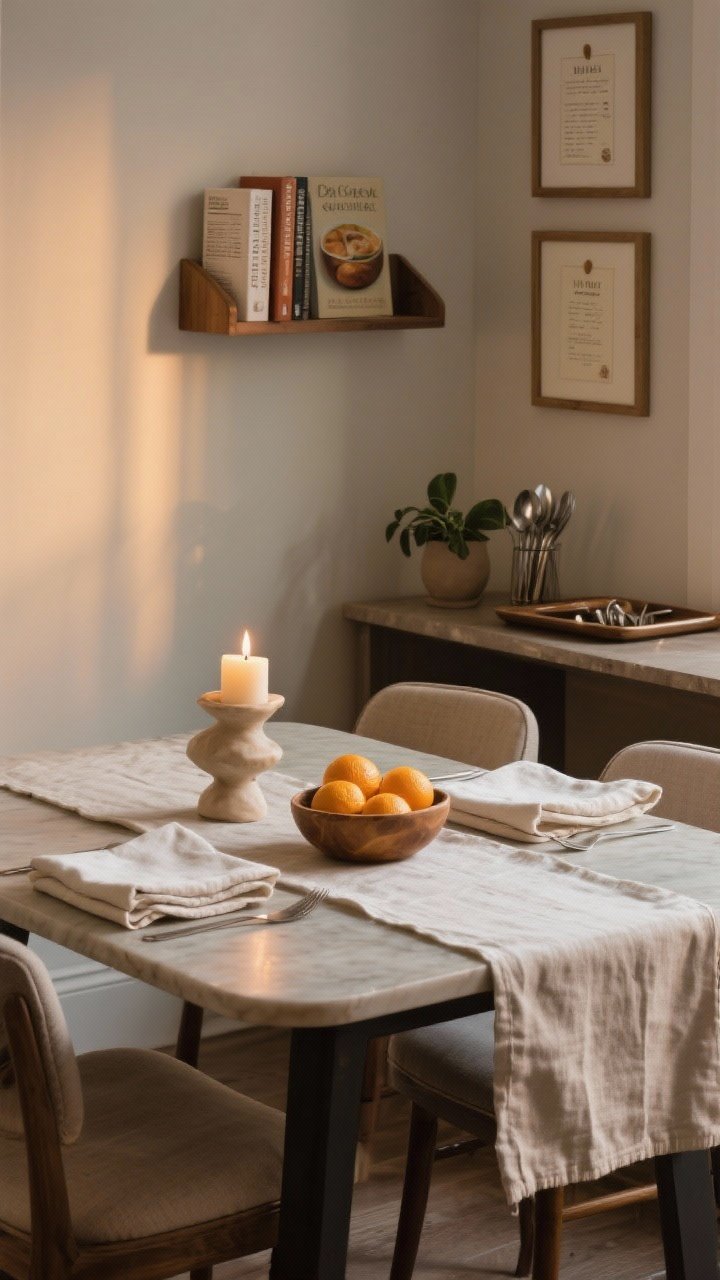 A closeup detail of a finished dining vignette that feels like a real dining room: a washable table runner, folded linen napkins, and a low centerpiece under 8 inches tall (bowl of citrus beside a sculptural candle) on a small table; a corner glimpse of a mini gallery wall with framed recipe cards and a tiny shelf holding a couple of cookbooks and a plant; a tray ready to shuttle utensils; subtle warm lighting suggesting evening dining; no people, photorealistic.