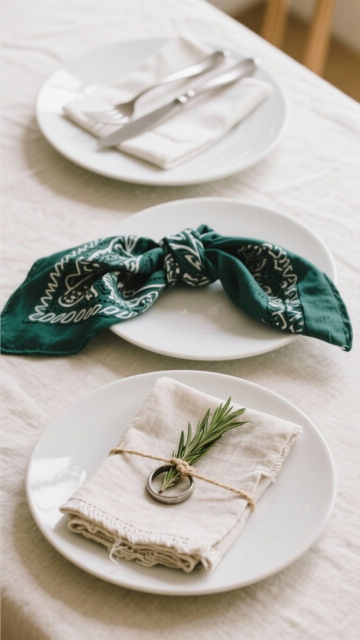 A closeup, overhead detail shot of napkin styling variations on plain white plates: one plate with The Envelope fold holding matte silver flatware, one with The Waterfall draped under the plate and spilling over the table edge, and one with The Knot placed on top with a sprig of rosemary tucked in; use linen and cotton napkins in neutrals and a single jewel tone (deep emerald) to show color strategy; substitute one napkin as a patterned bandana and another as a hemmed tea towel; soft, diffused indoor light, subtle ribbon and twine used as DIY rings, photorealistic, no people.