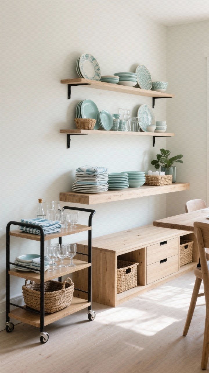 A medium shot focused on stylish storage near the dining setup: a slim console acting as a sideboard with neatly stacked napkins, plates, and glassware; a bar cart on casters nearby; floating shelves above with pretty dishes displayed and baskets below for daily items; a storage bench with deep drawers closed flush; cohesive palette of light woods, matte black hardware, and one accent color (sage or misty blue) tying pieces together; soft afternoon light, photorealistic.