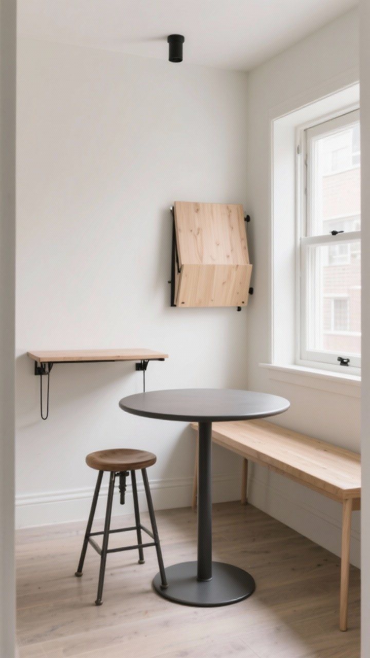 A medium shot of a compact small kitchen dining corner featuring a round bistro table with a slim pedestal base and two backless stools that tuck under; include a folded drop-leaf gateleg table against the wall and a slim wall-mounted flip-down ledge nearby; storage bench seating with slender legs and a light profile sits under a window; light woods and matte black hardware accents, soft natural daylight, uncluttered surfaces; emphasize the airy feel from slender furniture silhouettes, no people, photorealistic.