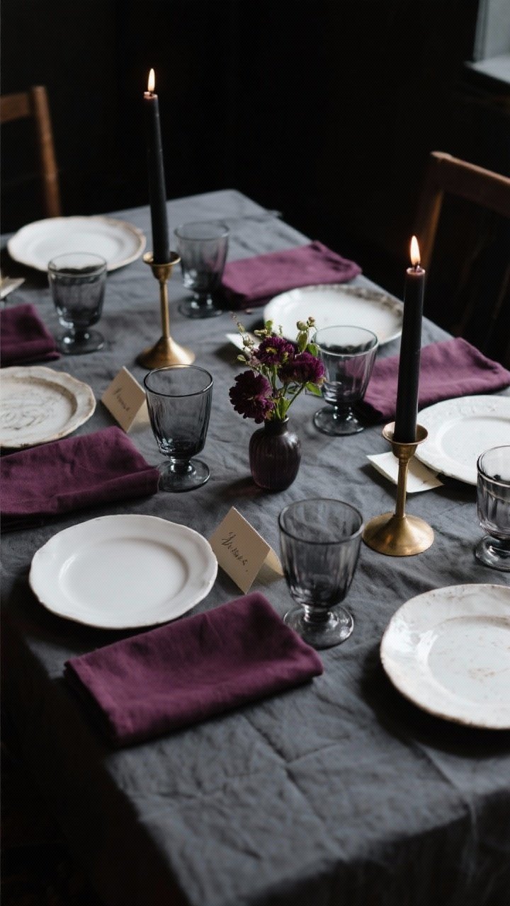 A medium, straight-on shot showcasing a cohesive color story: choose the Moody palette—charcoal tablecloth, deep plum napkins, smoky glassware, dark taper candles in black holders, and brushed brass accents as the metallic; plain white or mismatched plates are unified by solid, neutral linens; apply the three-point rule with plum echoed in napkins, florals, and place cards; smoky glass repeated in water glasses and a small bud vase; lighting is dim and cozy to enhance drama, photorealistic, no people.
