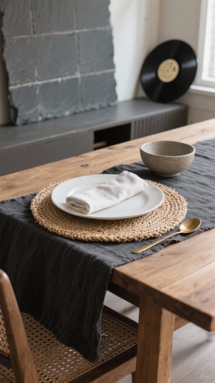 A medium, three-quarter angle shot of a dining place setting that layers textures: a matte charcoal linen runner over a natural wood table, a round woven seagrass placemat acting as a charger, topped with a smooth white ceramic dinner plate and a small stoneware side bowl holding a neatly folded napkin; add a brushed brass spoon to the side for a mixed-finish touch, with subtle afternoon window light raking across to emphasize texture; include optional bold base ideas peeking in the background like an oversized slate tile and a vintage vinyl record used as alternative chargers, all arranged to create small height differences and a rich, intentional look, no people, photorealistic.