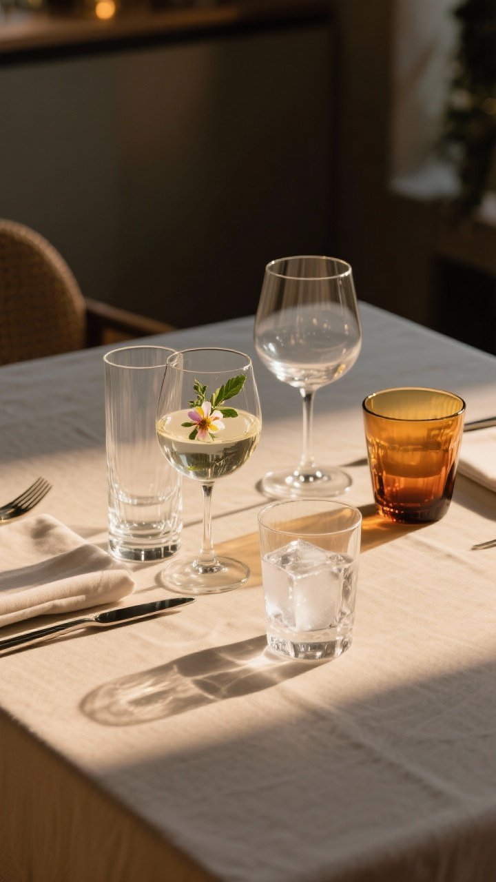 A straight-on medium shot of a table edge featuring a curated glassware glow-up: at each setting, a tall clear water glass paired with a shorter wine glass (one coupe visible), plus a single colored glass in smoky amber; show polished, sparkling rims catching warm evening light; include a simple tumbler with a single large crystal-clear ice cube for a non-alcoholic option; in the center, a spare wine glass with a floating edible flower and herb leaf as a tiny glam moment; neutral table linens ensure the glass shapes and heights take focus, photorealistic, no people.