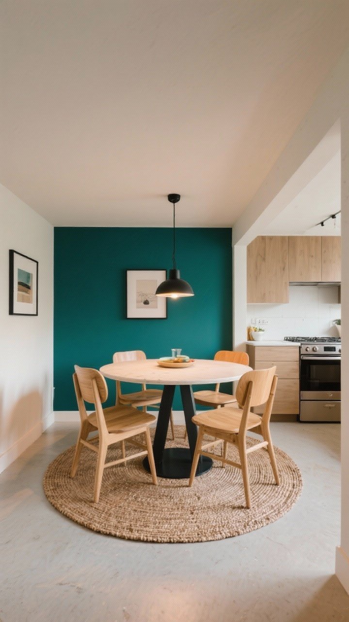 A straight-on medium shot showing a clearly zoned dining area inside a small kitchen: a flatweave indoor-outdoor rug anchors a round table; a centered pendant or mini chandelier hangs above the table to define the zone; the dining wall features a bold paint color with simple framed art, while the cooking zone remains neutral; ensure 24–30 inches of clearance around chairs; light wood tones with a matte black fixture, balanced warm lighting, photorealistic.