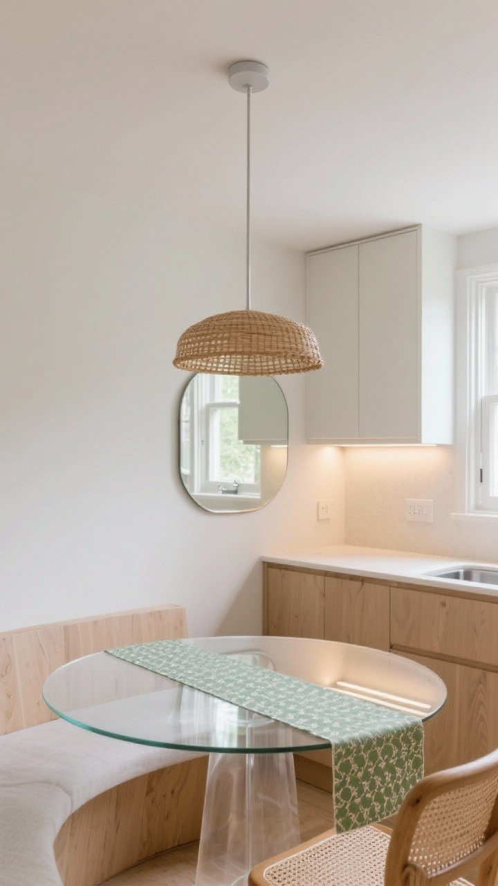 A wide shot of a small kitchen dining zone showcasing space-enhancing optics: a clear glass or acrylic round table that visually disappears beneath a rattan or slim metal pendant; under-cabinet lighting brightens the prep area while a dimmer sets a softer glow over the table; a large mirror opposite a window doubling light; finishes in pale woods, soft whites, and sage accents; minimal small-scale patterns limited to a runner; crisp, natural daylight with controlled highlights, photorealistic.