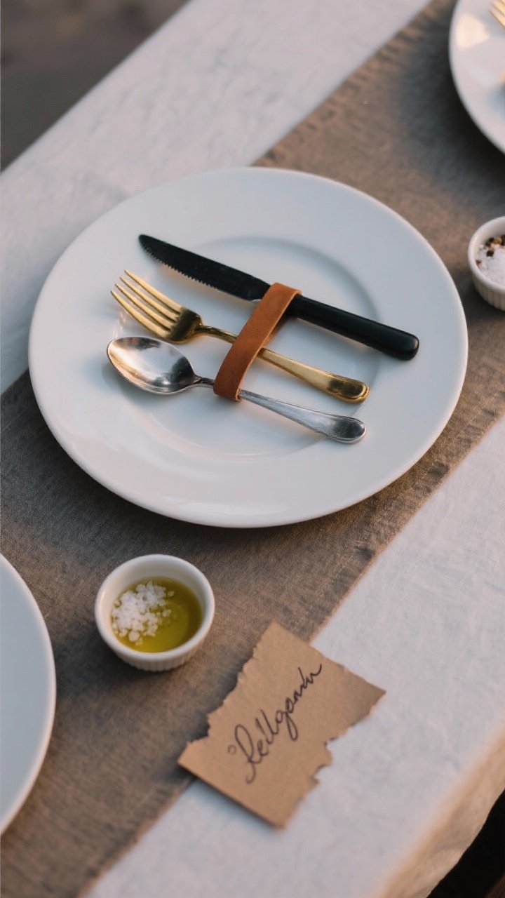 An overhead medium shot focusing on flatware contrast and small luxe accents: mix metals with a gold fork and matte black knife placed in European placement horizontally at the top of a plate, plus a silver spoon tied with thin leather strip and laid across the plate; include tiny pinch bowls for salt and pepper, a small ramekin with olive oil and flaky salt, and torn-edge heavy paper place cards with handwritten names in marker; background shows simple white plates and a muted runner so the metals pop; balanced, intentional styling under soft evening ambient light, photorealistic, no people.