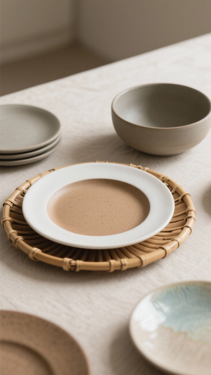 Closeup detail: Materials mix display. A composition featuring warm stoneware dinner plate paired with a crisp-edged white porcelain side plate, a bamboo/wood charger beneath a matte ceramic bowl, and a single reactive-glaze piece adjacent to solid matte pieces. Show dishwasher/microwave-friendly sturdiness through thickness and finish, while a delicate accent dish sits aside as a special-occasion serving piece. Neutral, tight palette with tactile contrast under soft diffuse light.