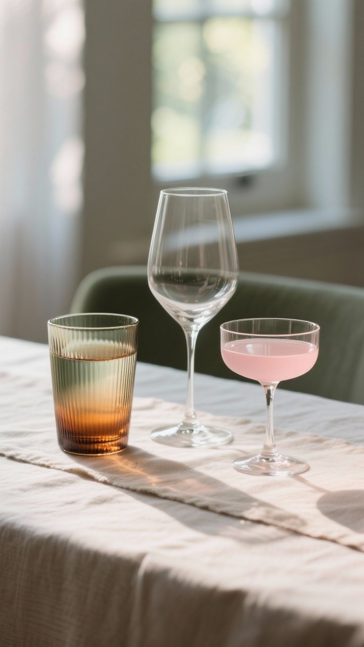 Closeup detail of a glassware trio catching light like jewelry: a ribbed smoky amber water tumbler, a sleek modern clear wine glass, and a small blush-colored coupe for aperitifs; arranged on a linen runner with subtle reflections and no chips on rims; muted colored glass tones (smoky amber, sage, blush) that complement rather than overpower; bright window light creating gentle highlights and bokeh, photorealistic clarity.