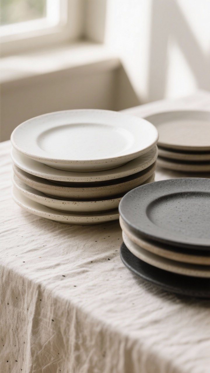 Closeup detail shot: A stack of neutral matte or satin-finish stoneware dinner plates with slightly coupe silhouettes in warm white, cream, greige, and soft black, arranged on a linen-draped table. Subtle speckled and reactive glaze textures are visible, with warm whites paired beside warm grays and a slate/charcoal piece. Soft natural window light rakes across the surfaces to emphasize the matte texture; no glossy bright whites present.