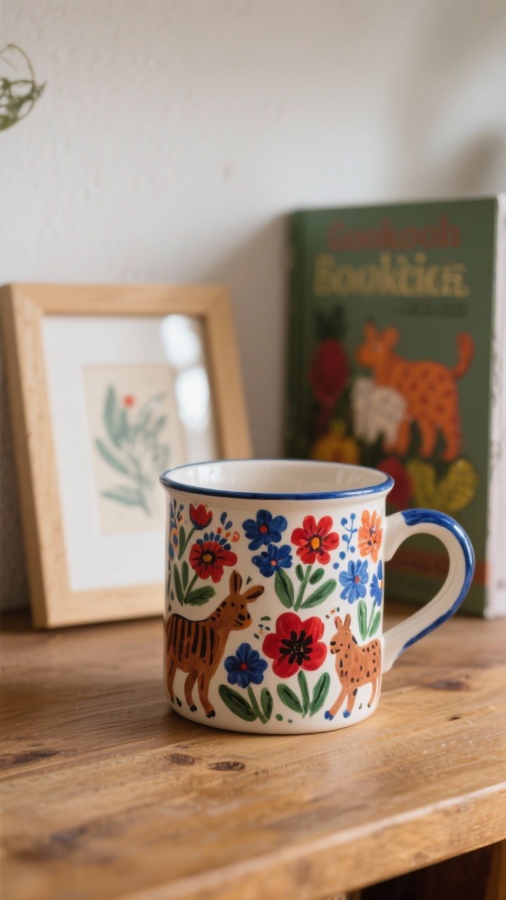 Closeup detail shot of a hand-painted folk art mug featuring floral motifs and naive animal accents in rich blues and reds; placed near a small framed print and a cookbook whose colors echo the mug’s palette; soft diffused daylight to bring out brushstrokes and color story; warm wood surface for a cozy, curated vignette; shallow depth of field; no people.