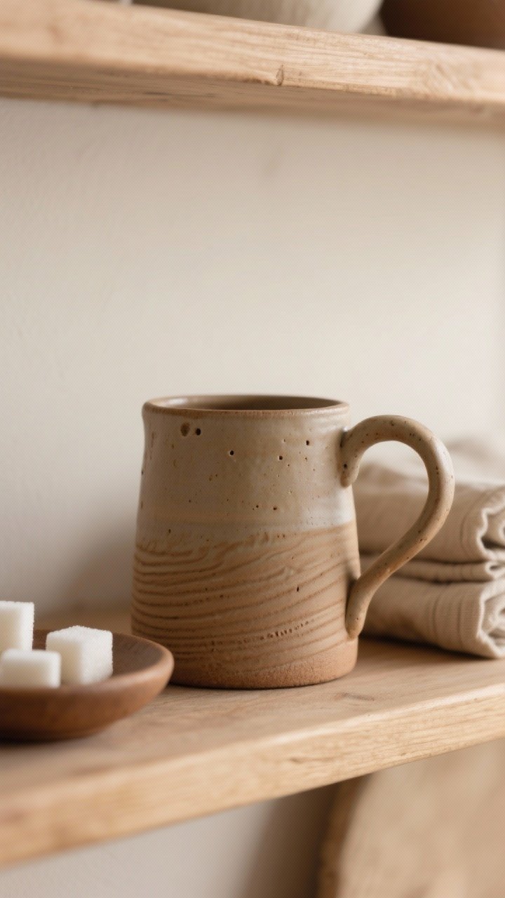Closeup detail shot of a handbuilt ceramic mug with subtle ripples, thumb dents, and a slightly wobbly lip, in an earthy clay body with a soft satin glaze; organic handle with comfortable curve; styled on a natural wood shelf with a small ceramic dish holding sugar cubes and a neatly folded stack of linen napkins in muted beige and clay tones; soft natural side lighting catching the finger marks and grooves; shallow depth of field to emphasize texture; no people.