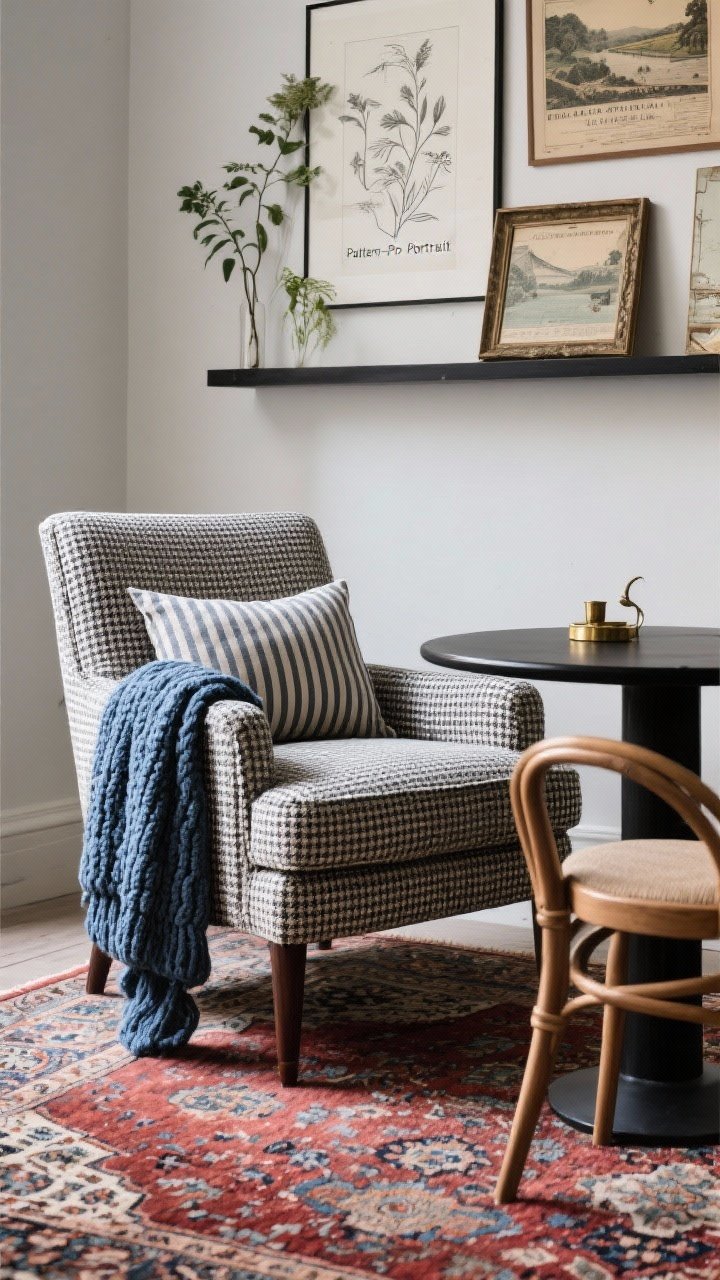 Closeup/detail shot, “Pattern-Pro Portrait” layered patterns: micro-check upholstered accent chair in slate and cream, edge of a Persian-style rug in desaturated reds and blues beneath. Pinstripe cushions echoing the chair’s palette, knitted throw in indigo draped over an arm. Slim black café table with bentwood chair legs entering frame, aged brass accents in a small object or frame. Picture ledge behind with leaning botanicals, line drawings, and vintage travel prints in cohesive tones. Photorealistic, soft natural light emphasizing fabric textures and pattern harmony.