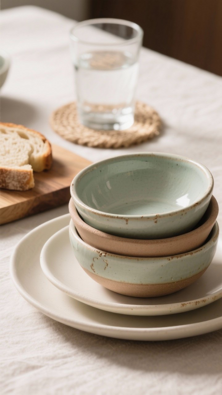 Closeup hero bowl shot: Reactive glaze low, flat bowls in soft neutral tones (sage, clay, or oyster) stacked atop smooth bone-colored dinner plates; visible glaze variation and subtle chips disguised by the finish; a small wooden board with sliced bread instead of an extra plate; woven jute coaster under a water glass for texture; clean lines, rustic-modern balance; gentle side lighting to catch the reactive glaze sheen without glare; shallow depth of field focusing on bowl texture.