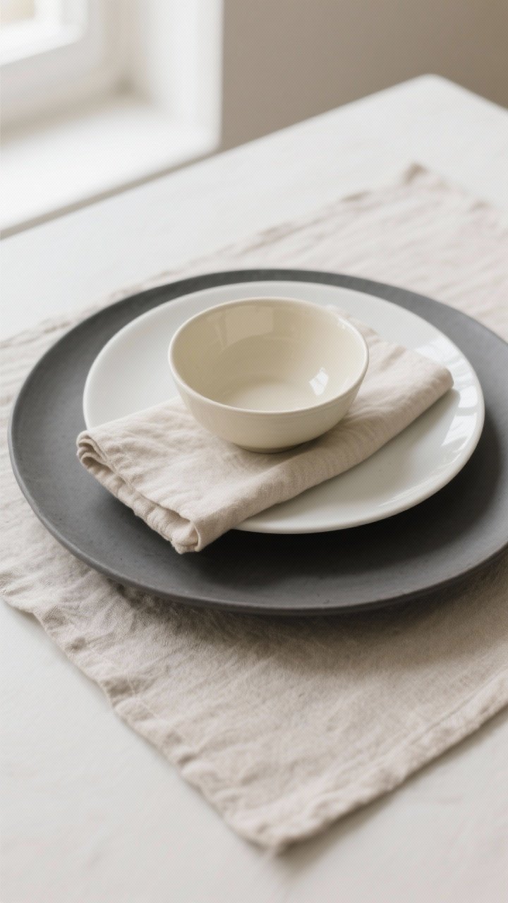 Closeup overhead shot of a three-piece plate stack on a neutral linen placemat: matte charcoal charger, simple white porcelain dinner plate as the anchor, and a small glossy cream salad bowl slightly off-center on top; a soft flax-colored linen napkin is slipped between layers for casual, imperfect symmetry; mixed shapes with a round dinner plate and a shallow coupe-style salad bowl; subtle natural window light, shallow depth of field, photorealistic detail of matte vs glossy finishes and crisp edges.