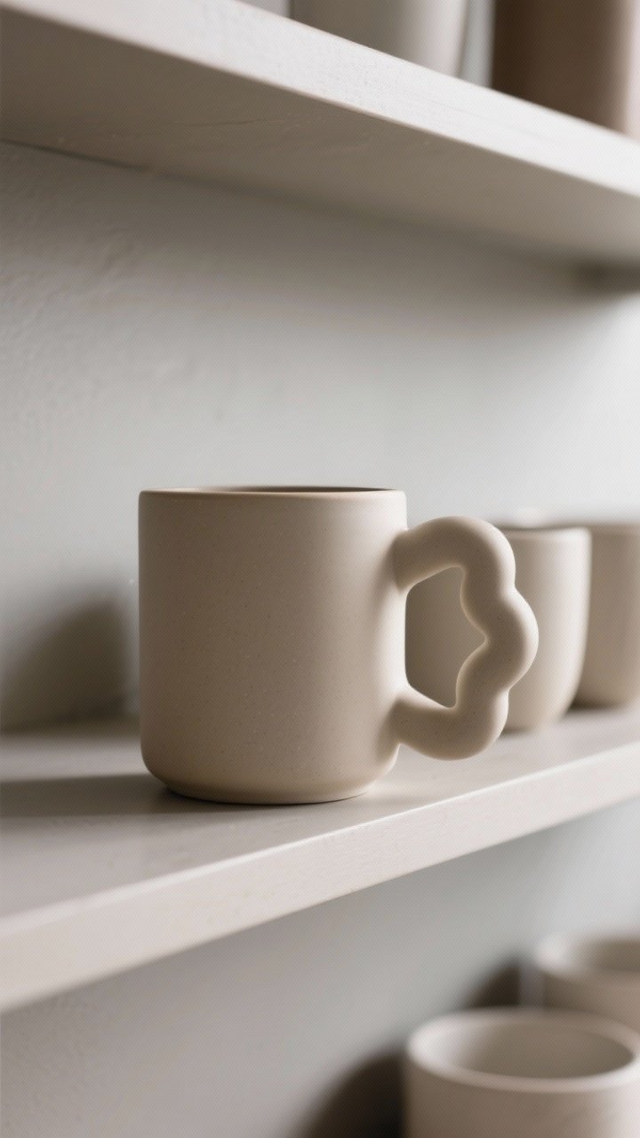 Closeup side-angle shot focusing on a sculptural handle mug: neutral glaze body with a bold, chunky loop handle creating striking negative space; handle faced outward on an open shelf; paired with softer round mugs in the background for contrast; directional lighting to sculpt the handle’s form; crisp details with high-end, architectural feel; no people.