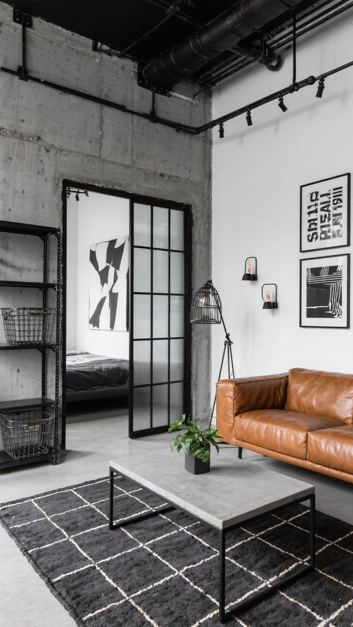 Corner angle medium shot, Industrial Studio Grid: A crisp studio with black steel elements, concrete textures, and cognac leather; cognac leather sofa, concrete-look coffee table, black metal room divider with glass panes hinting at a sleeping area; rug with a subtle grid pattern echoing the divider lines; wall-mounted rail with hooks, steel shelving, and wire baskets for storage; factory-style floor lamp and cage sconces; monochrome abstracts and typography prints as art; palette tight to black, gray, white, and warm leather with one green plant softening the scene.
