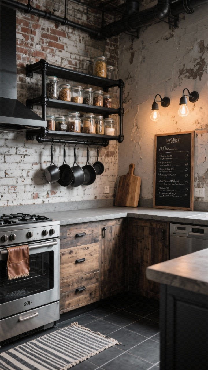 Corner-angle medium shot of an urban industrial kitchenette: matte black metal pipe open shelving packed with pantry jars and hanging pans on a black rail; concrete-look countertop over weathered oak lower cabinets; 24-inch range and compact dishwasher drawer; wall featuring brick veneer or distressed plaster with oversized factory-style sconces casting a warm glow; matte charcoal tile floor with a vintage-style striped runner; leather pull tab details, raw-edge cutting board, black framed chalkboard with handwritten menu; photorealistic, no people.