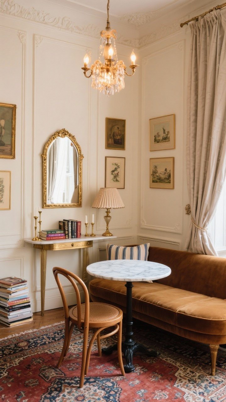 Corner angle medium shot, Parisian Studio Salon: A petite studio corner with creamy walls and picture-frame molding; camel velvet loveseat, marble-topped bistro table with two bentwood chairs that tuck in; a gilt mirror above a slim console, Persian-style rug in faded reds and blues; pleated lampshade table lamp and a petite chandelier overhead with warm bulbs; textiles include toile or ticking stripe pillows, linen drapes slightly puddled; decor of stacked books, brass candlesticks, and a salon wall of framed art; refined, collected charm.