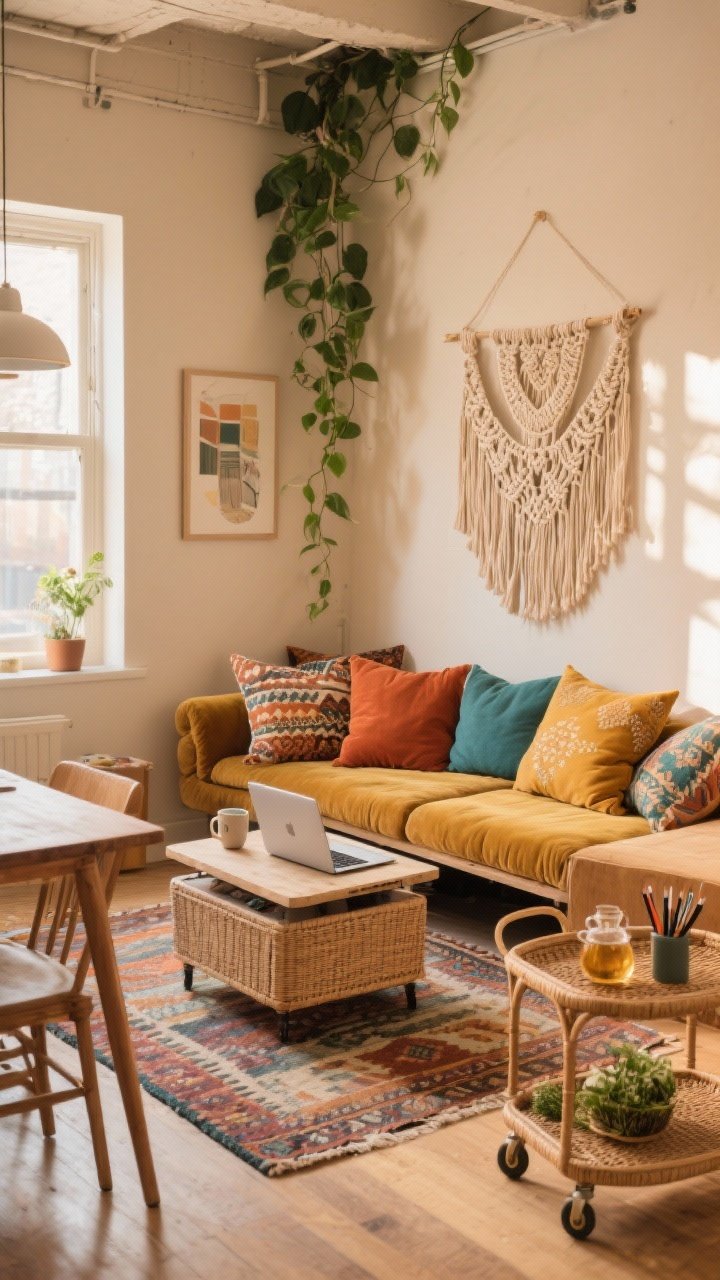 Corner medium shot, boho loft nook awash in sun: velvet daybed with hidden trundle piled with patterned cushions in terracotta, mustard, and teal; lift-top coffee table raised to laptop height with a notebook and mug; rattan bar cart on wheels between living and dining zones holding herb tea and small art supplies; layered kilim rug underfoot; macramé wall hanging and trailing pothos softening edges; warm sand walls, rich textures, photorealistic.
