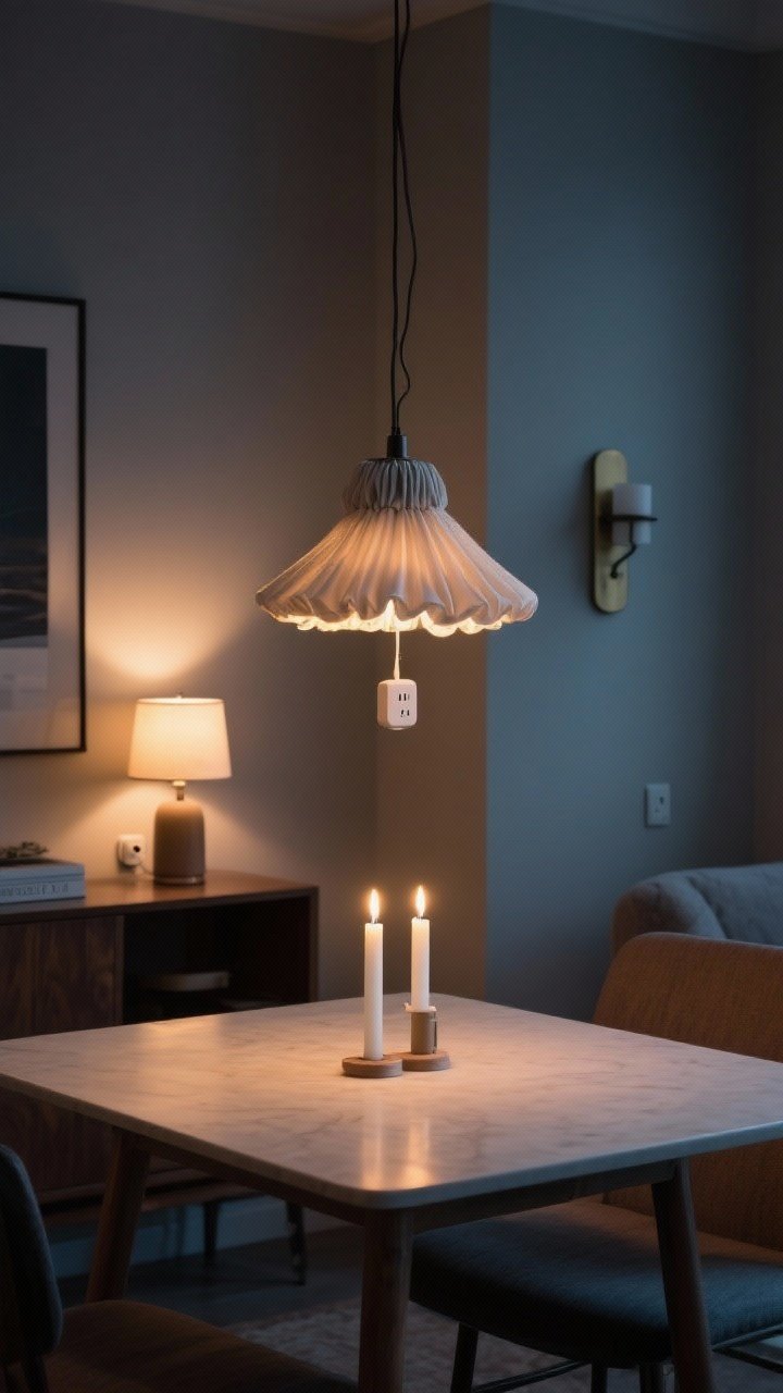Detail/closeup composition: Layered lighting over a small dining table—foreground shows a plug-in pendant swagged and centered over the tabletop, its bottom hanging 32 inches above the surface. In the midground, a tiny lamp on a nearby console adds a cozy accent glow; a wall sconce is visible on the side adding depth. Two LED taper candles on the table provide warm sparkle. The bulbs cast warm white 2700–3000K illumination; include a small smart plug discreetly visible near the console. Evening ambience, moody but clear and photorealistic.