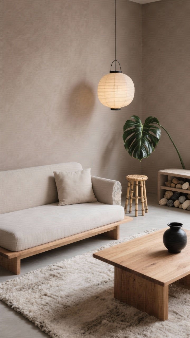 Detail closeup, Japandi Zen Box: A tranquil vignette featuring putty taupe wall, ash wood rectangular light-wood coffee table edge, neutral wool rug texture, and the corner of a low platform sofa with simple cushions; a paper lantern pendant softly glowing above; a bamboo stool and modular bench in the background; palette of pebble, clay, bone, and a touch of black ink via black ceramics; single sculptural rubber plant leaf entering frame; clear surfaces, intentional forms, matte stone accessory.