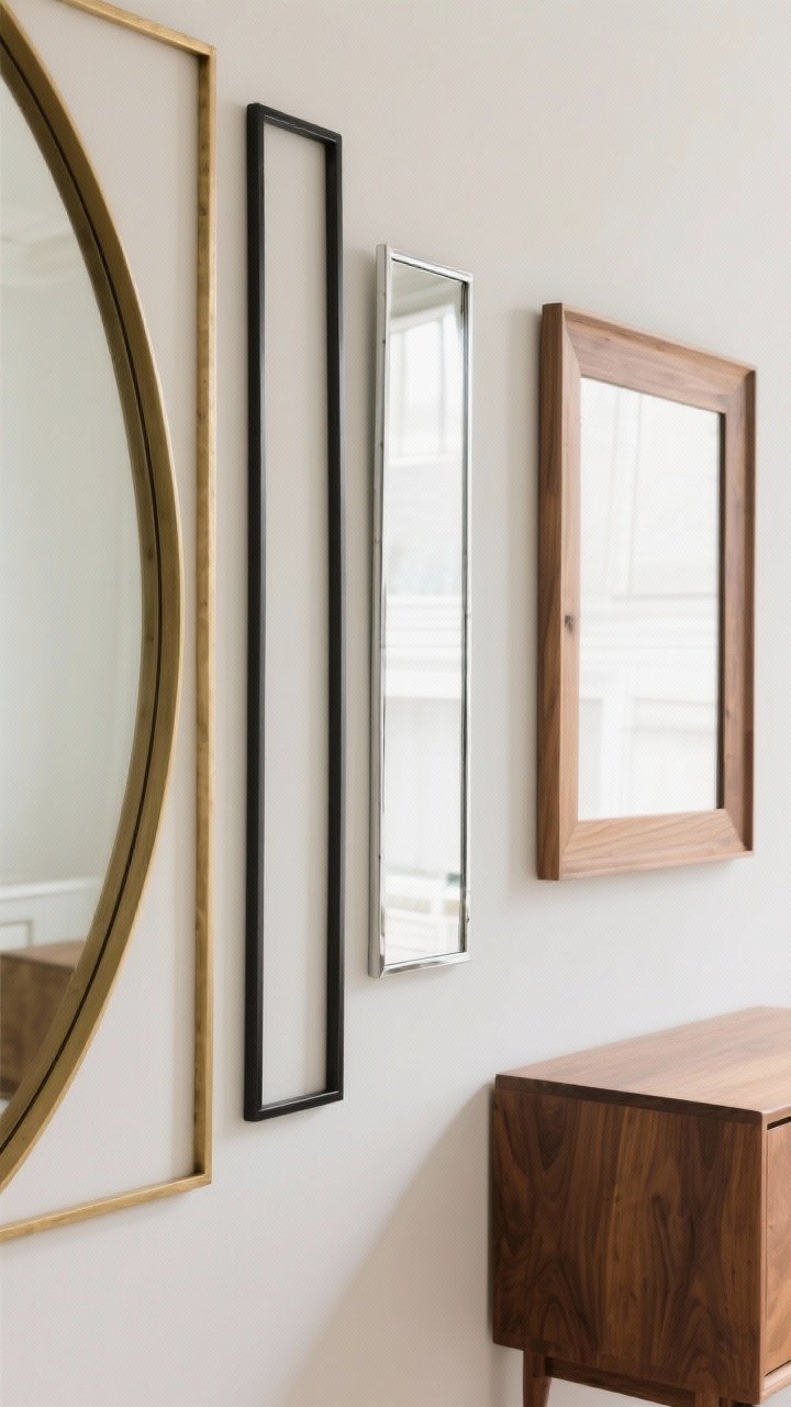 Detail closeup of mirror frames and finishes against a light-painted wall: slim metal frames in brass, matte black, and chrome lined up for comparison; a frameless beveled-edge mirror that visually disappears; a thin natural wood frame matched to nearby oak furniture for warmth; exclude heavy, ornate frames to keep the scene airy; soft, even lighting to show textures and edge details