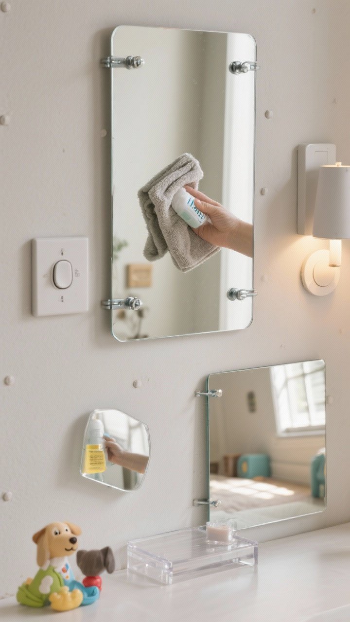 Detail-focused closeup montage addressing practicality: a securely mounted mirror with visible wall anchors/stud placement; a dimmer switch on a nearby lamp to control nighttime reflections; microfiber cloth cleaning a mirror with cleaner applied to the cloth (not sprayed on glass); a low-height acrylic or safety-backed mirror in a kid/pet zone; an example of adjusting a mirror angle to avoid harsh sun glare; neutral setting, no people, crisp photorealistic lighting showcasing function and safety features