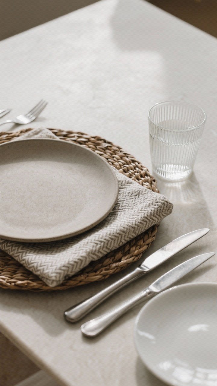 Detail shot at a 45-degree angle focusing on tactile contrast: a matte ceramic dinner plate paired with a ribbed glass water tumbler, linen napkin folded beside it, and a woven natural rattan charger beneath; brushed stainless flatware rests on the napkin next to a glossy white side plate; subtle patterned napkin weave visible; natural side light grazing the surfaces to emphasize texture depth and shadows; crisp, photorealistic textures.