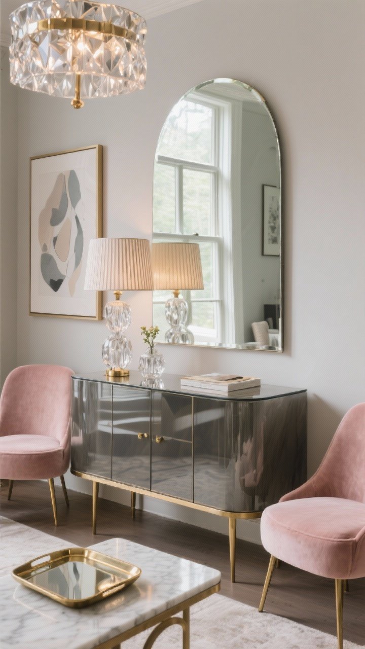 Detail shot, “Mirror-Box Glam” reflective moment: large arched mirror opposite a window capturing doubled daylight, partial reflection of a smoked glass sideboard with slim brass legs. Marble-and-brass side table nearby with a mirrored tray, cut-crystal bud vases, and tonal abstract art glimpsed in the reflection. Palette of soft taupe, blush, antique brass, smoked gray. Faceted glass flush mount sparkle above and a ribbed glass table lamp glowing softly. Two petite blush velvet slipper chairs subtly visible. Photorealistic, close focus on shine and light bounce.