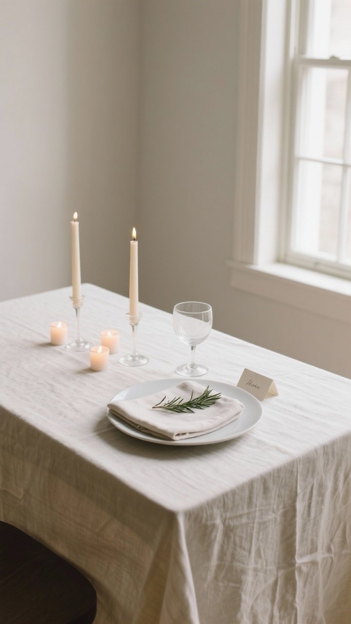 Medium 45-degree scene of a photo-ready table styled for shooting: natural light from a nearby window, neutral backdrop via a light linen tablecloth; composition follows rule of thirds with the hero plate set slightly off-center, anchored by a glass and a folded napkin; decor grouped in odd numbers (three tea lights), intentional negative space around the setting; visible checklist details—wrinkle-free linens, spotless plates and glassware, balanced heights across tapers and low pieces, and a small place card with a sprig of rosemary; crisp, photorealistic finish.