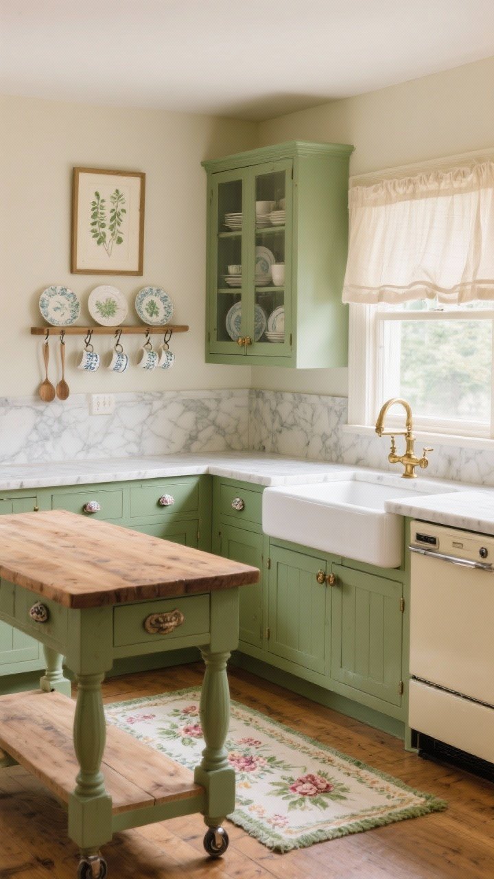 Medium, cozy cottage angle: sage green lower cabinets with classic bin pulls and ceramic knobs; freestanding hutch with glass doors displaying plates; marble-look laminate counters and an antiqued brass faucet; vintage butcher block island on casters centered; floral runner on the floor, framed botanical prints on the wall, soft linen shade over the sink; wall-mounted plate rack and a rail with S-hooks holding mugs and ladles; white or cream appliances blending in; warm, inviting light; photorealistic, no people.