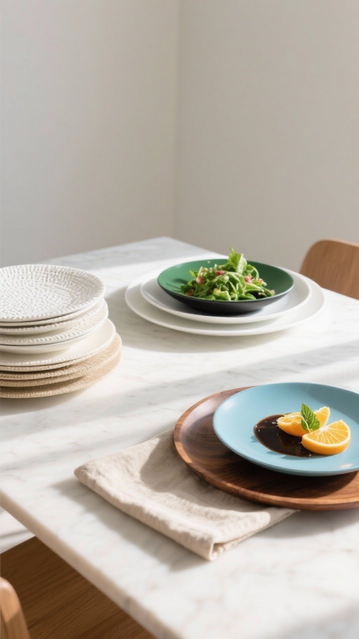 Medium overhead table vignette showcasing color palettes that pop on camera: three side-by-side settings demonstrating vibe options—(left) monochrome stack in shades of white, cream, and beige with textured surfaces; (center) two-tone punch with white base plates accented by a bold deep green salad plate; (right) soft contrast featuring a pastel blue plate, neutral oatmeal linen napkin, and a warm wood charger; include plated sample food to emphasize enhancement—leafy greens on light neutrals, rich sauce on matte black plate, citrus segments on soft blue; bright natural daylight, clean neutral backdrop.