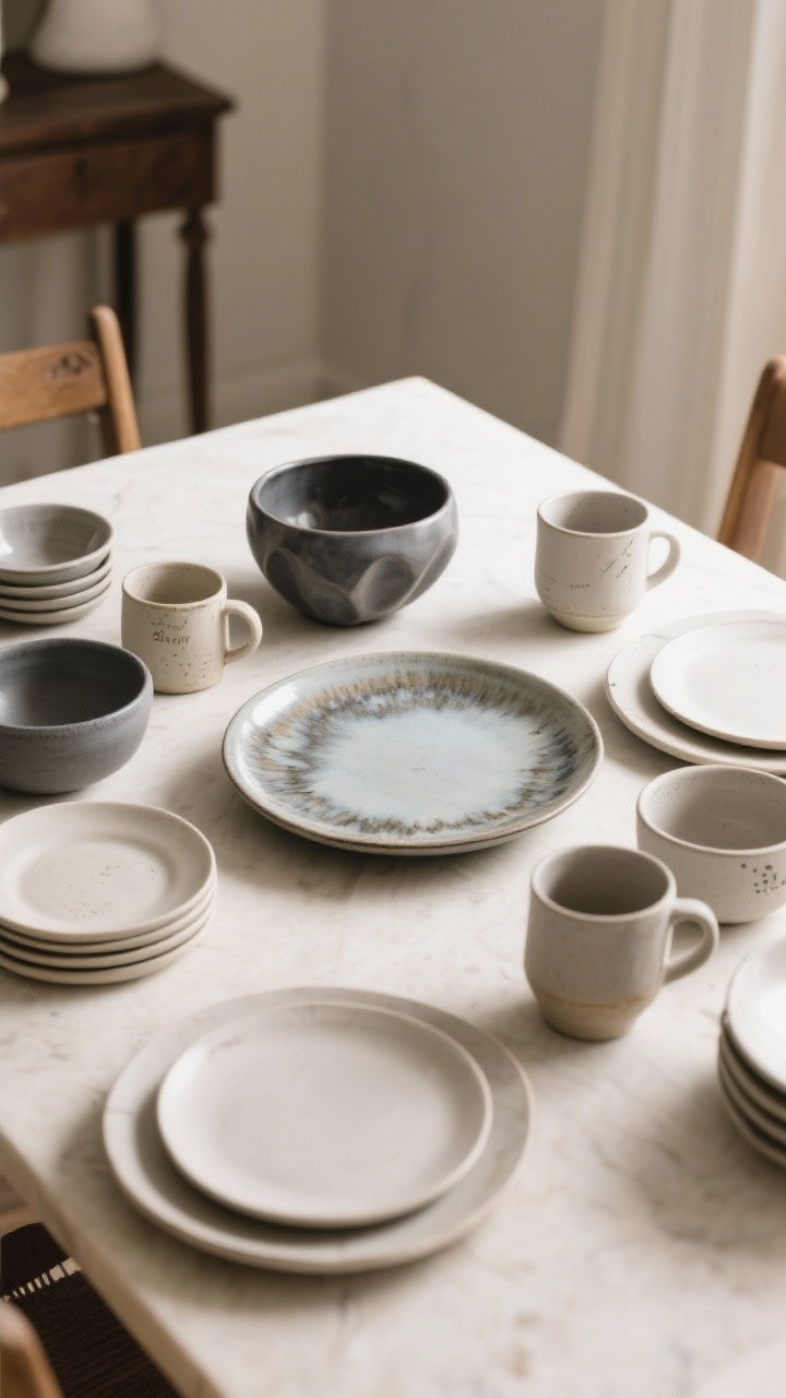Medium shot: A dining table vignette illustrating high-low mix. Centered is a single showstopper serving platter with a refined reactive glaze next to a sculptural serving bowl (splurge pieces), surrounded by affordable side plates, everyday bowls, and charming inexpensive mugs with a handmade look. Neutral matte dinner plates anchor the scene. Include cues of outlet/secondhand finds like mixed brand marks and slight variation in glaze tone. Soft afternoon light; overall palette in cream, greige, charcoal.