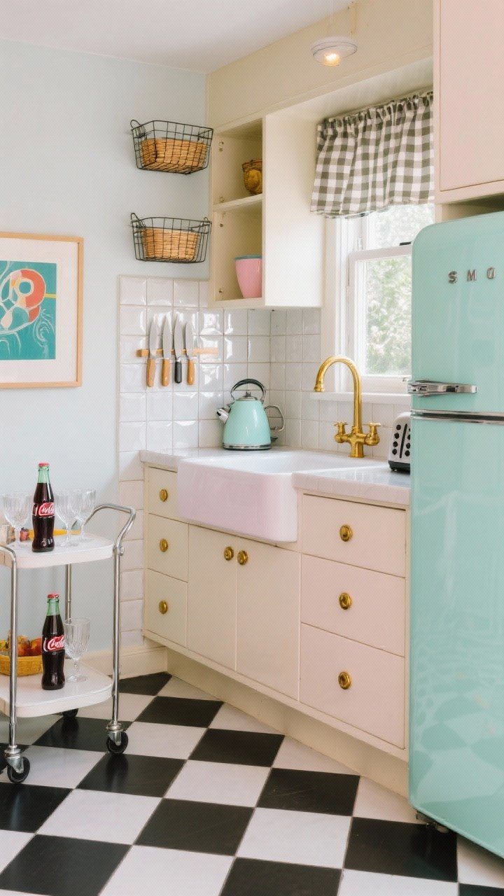 Medium shot capturing retro charm: black-and-white checkerboard resilient tile floor leading to cream cabinets with round brass knobs; pastel Smeg-style fridge in mint (or blush) standing out; glossy square beveled tiles as the backsplash sparkling under light; brass bridge faucet at the sink; café curtain in gingham or ticking stripe at the window; wire baskets in upper cubbies and a magnetic knife strip on the wall; narrow rolling bar cart with soda bottles and coupe glasses; one accent color repeated in kettle, toaster, and art print; bright, playful, photorealistic, no people.