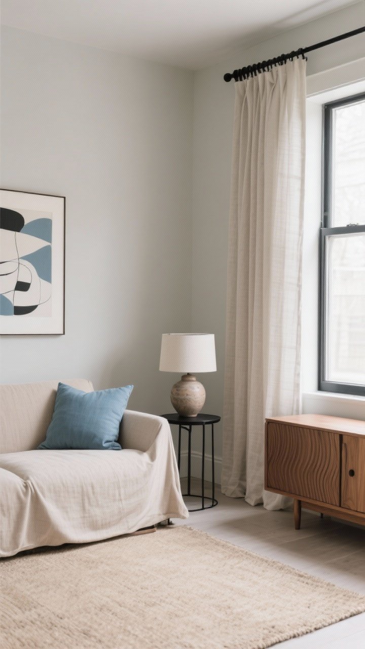 Medium shot, “Color-Calm Studio” seating vignette: soft greige walls and a sand-colored rug grounding the space. Linen slipcovered sofa in mushroom with a restrained single accent color—dusty blue—in throw pillows, a ceramic lamp, and a framed abstract print. Black accents for cohesion: black metal side table, oak media console with fluted doors, matte black curtain rods, thin black frames. Linen curtains filter light. Photorealistic, calm mood, straight-on composition highlighting tight color story and visual harmony.