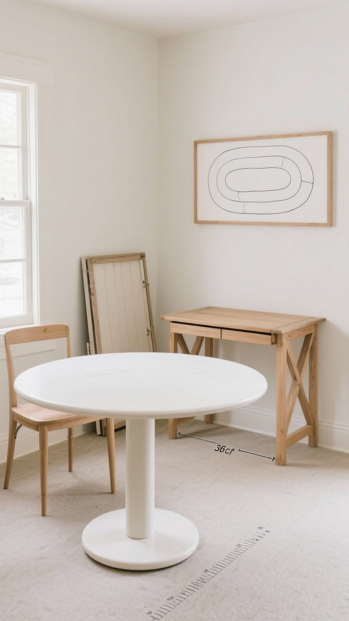 Medium shot, corner angle: A compact dining setup highlighting table shapes and leg styles—focus on a 36-inch round pedestal table in a light wood or matte white finish, with smooth edges and ample knee room; nearby, a folded drop-leaf gateleg table leans against the wall as an alternative. The arrangement shows at least 30 inches of clearance around the main table, with a subtle oval racetrack silhouette sketched on the wall art as a nod to shape choices. Soft daylight, minimal decor, and clear traffic flow; include a measuring tape or floor markers faintly visible to imply sizing guidance.
