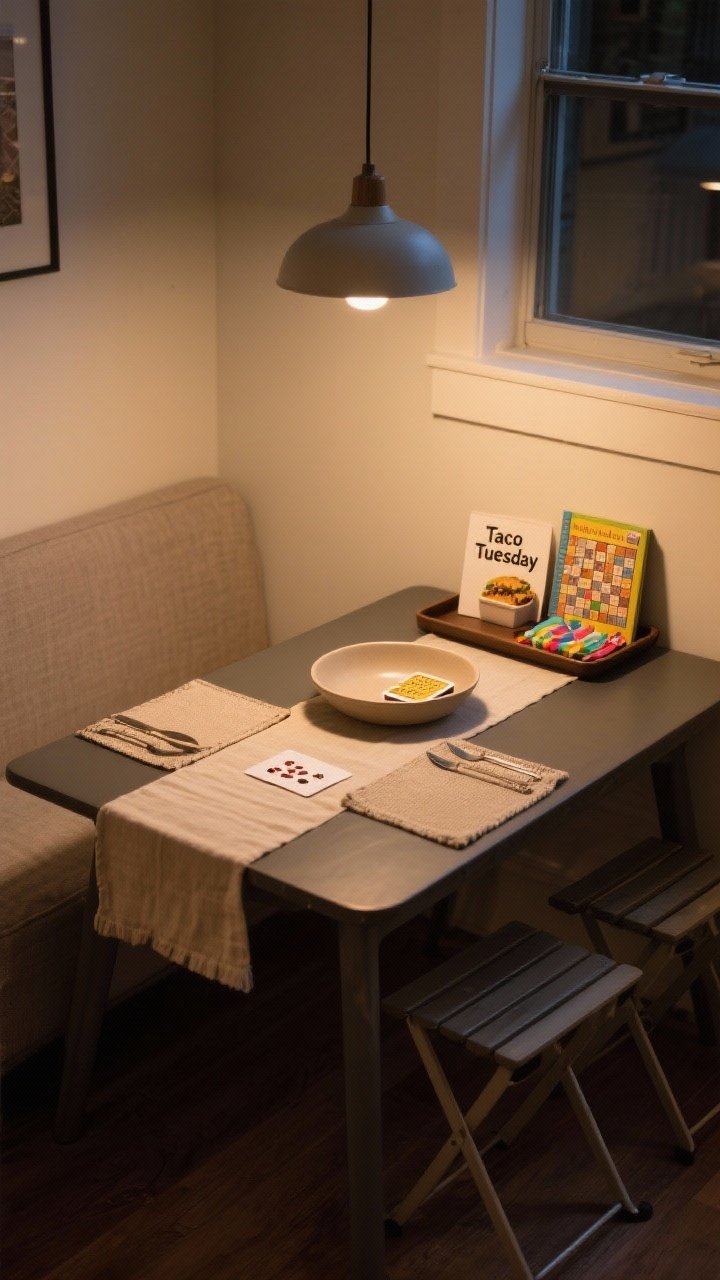 Medium shot, cozy evening mood: A ready-to-use dining nook showing rituals—a linen runner and two placemats left out, a small deck of cards and a crossword book neatly on a tray, and two foldable stools tucked nearby for hosting. The table’s shallow bowl centered, surfaces wiped; pendant dimmed to 20% for a warm glow. Subtle theme cues like a small “Taco Tuesday” note or colorful napkins hint at weeknight traditions. Calm, inviting atmosphere, no clutter, photorealistic warm lighting.