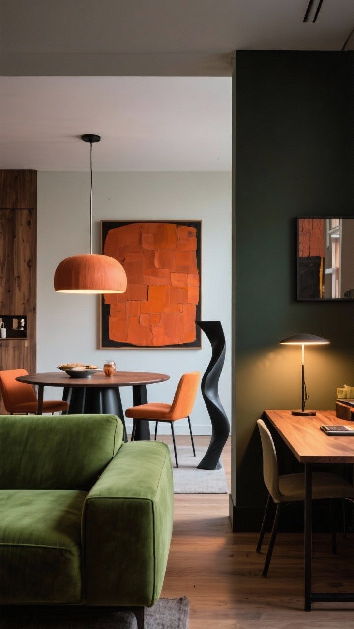 Medium shot focusing on styling: Zones defined by art, lighting, and colorful furniture—bold, large artwork in terracotta hues over the dining area; a statement pendant above the dining table; in the living zone, a moss-green sofa marking the boundary with a sculptural floor lamp; at a compact desk, a focused task lamp. Repeat materials like matte black metal and warm oak across both zones for cohesion. Evening ambient lighting with warm bulbs, no people.