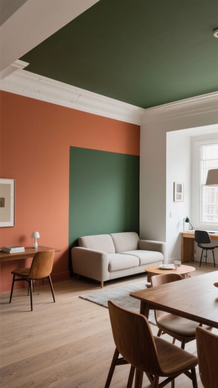 Medium shot from a corner angle: A living-dining overlap where paint “draws” boundaries—terracotta accent wall framing the dining table area, a color-blocked forest-green rectangle behind the sofa creating a living zone backdrop, and a half-painted wall (darker lower half, lighter upper half) signaling a compact workspace with a small desk. The ceiling over the dining area is a shade deeper to create a cozy canopy, while all trim remains consistent soft white for flow. Warm, even lighting to highlight the paint transitions, no people.