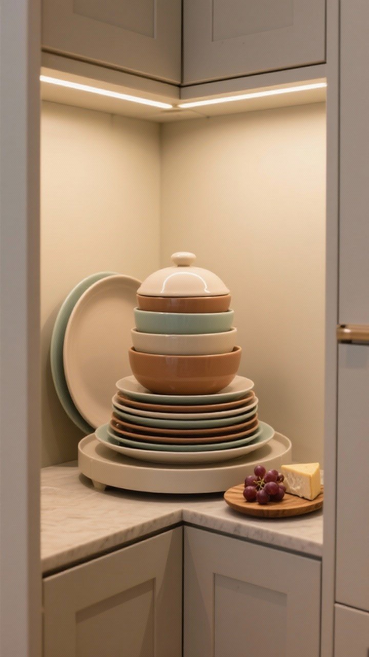 Medium shot from a corner angle of a modular nesting dinnerware set assembled like chic Russian dolls: plates, bowls, and a lidded bowl all tucked into one stack on a lazy Susan inside a corner cabinet. Show a convertible lid set aside, used as a small platter/trivet with a few grapes or cheese for context. Earthy tones or soft pastels give a color pop while looking coordinated. Soft warm under-cabinet lighting, organized, photorealistic. No people.