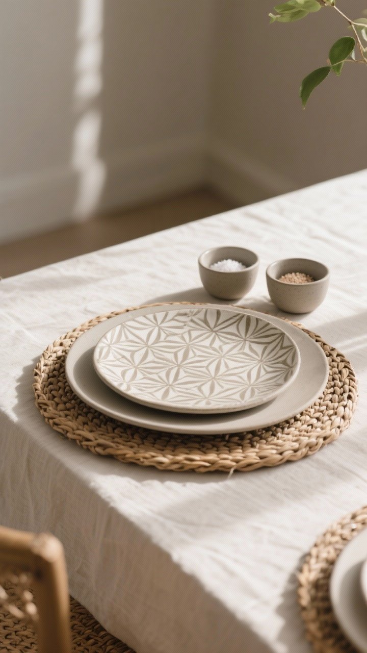 Medium shot from a slight corner angle: Layered table setting with accent pieces. Start with neutral matte dinner plate, then a statement salad plate with a subtle hand-painted geometric pattern; beneath, a textured charger in woven rattan. Add two tiny sauce bowls (for salt/dips) in matte ceramic beside the plate. Harmonized, not matchy. Natural daylight with gentle shadows; accents are small and affordable but feel custom.