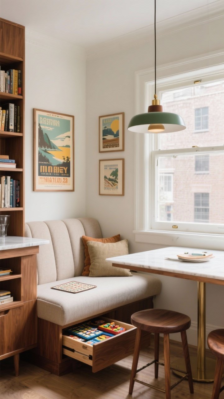 Medium shot, mid-century micro-dining nook at a window wall: tailored upholstered banquette with under-seat drawers slightly open showing placemats and board games; banquette backrest flipped to face the view, turning it into a reading lounge; opposite, a bar-height bookcase-table with shelves below and a clean dining surface above; slim armless walnut counter stools; saucer pendant overhead; olive, walnut, cream, brushed brass palette; framed vintage travel posters on the wall; photorealistic.