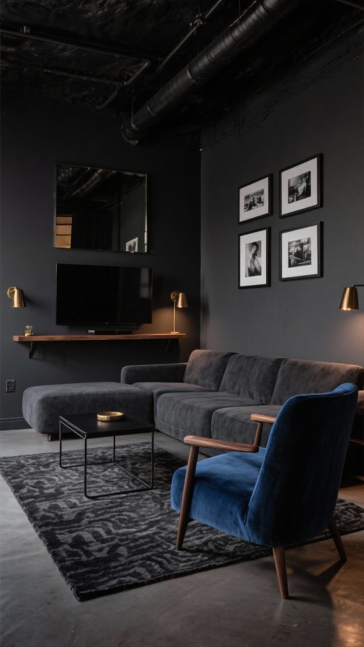 Medium shot, Moody Micro Loft: A dramatic micro living area with charcoal walls, charcoal modular sofa, slim black metal coffee table, walnut floating media shelf keeping the floor clear, deep blue velvet accent chair as a jewel tone; bronze sconces and dimmable lamps creating warm cinematic glow; low-pile rug in dark graphite with subtle pattern; black-and-white photography in thin black frames; finishes of blackened steel, antique brass, and a smoked mirror accent; intimate, luxe cave atmosphere.
