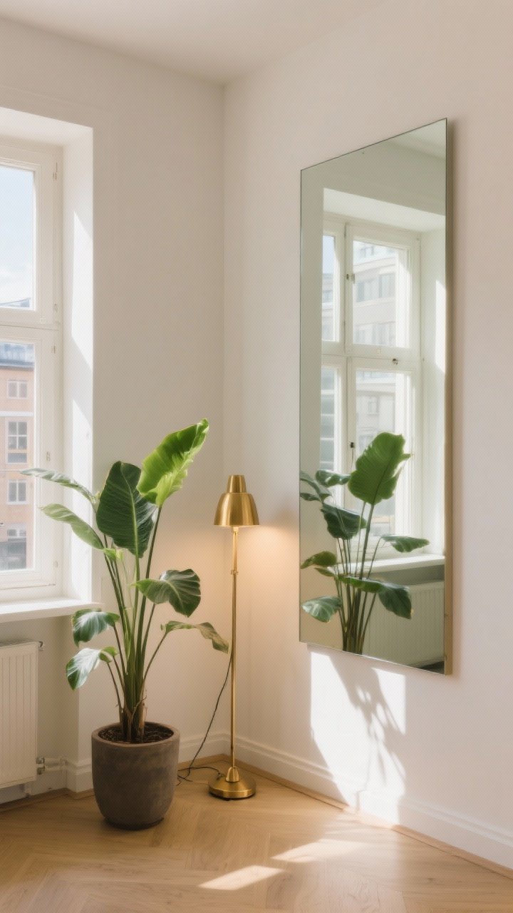 Medium shot of a bright apartment corner where a large frameless mirror is mounted directly opposite a sunlit window, doubling the daylight and view; a brass floor lamp stands beside the mirror with its warm light subtly amplified in the reflection; a tall leafy plant sits across from the mirror so greenery is reflected; angle the mirror slightly so it captures the window and plant rather than a blank wall; morning natural light with gentle highlights and soft shadows