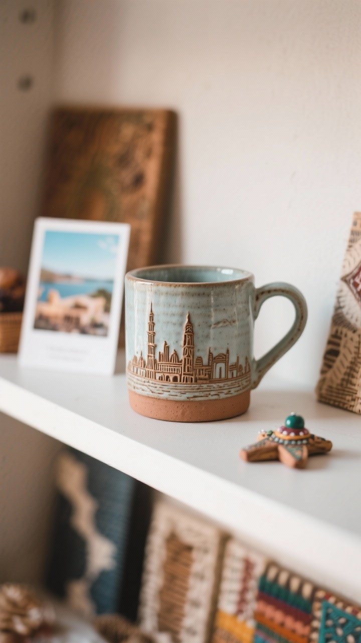 Medium shot of a chic travel-inspired souvenir mug from an artisan market, featuring a tasteful etched skyline and unique clay glaze from a specific region; grouped with a small postcard and a tiny travel trinket nearby for subtle storytelling; arranged by color for a curated look; gentle natural light to emphasize global texture and craft; uncluttered shelf scene; no people.