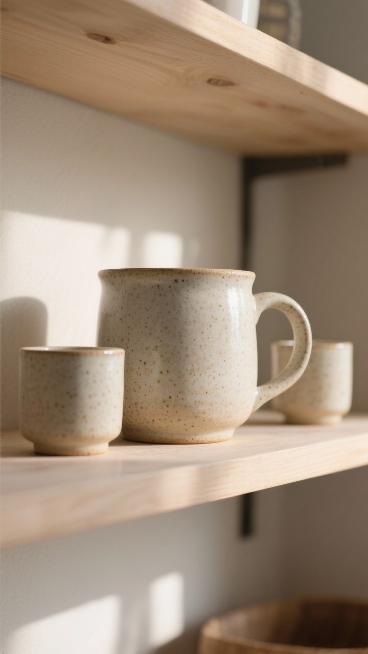 Medium shot of an oversized stoneware mug with thick walls and a wide mouth, finished in a satin speckled glaze; displayed on an open kitchen shelf in a group of three (one oversized mug paired with two smaller companions for visual rhythm); warm morning light highlighting the heft and glaze glow; pale wood shelf, neutral backdrop; composition centered on the statement scale and cozy presence; no people.