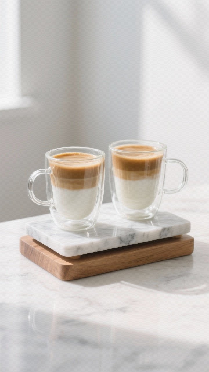 Medium shot of double-walled glass mugs on a small wood riser set atop a marble tray, showing a layered latte with visible crema and milk separation; bright, airy lighting to emphasize transparency and lightness; minimal surrounding decor so the glass pairs with any style; clean background to highlight insulation and clarity; no people.