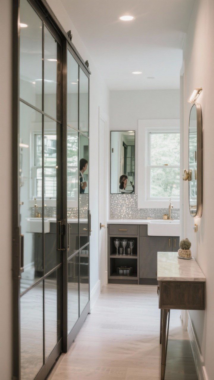 Medium shot of integrated architectural mirrors: sliding closet doors with full mirrored panels brightening a small hallway; a compact kitchen vignette with a mirrored backsplash reflecting countertops and a window; a built-in bar nook with a mirror at the back adding sparkle; an entry console with a clean-edged mirror above it for last-minute checks; include an antique/smoked finish option in one area to soften glare; balanced ambient light with controlled reflections
