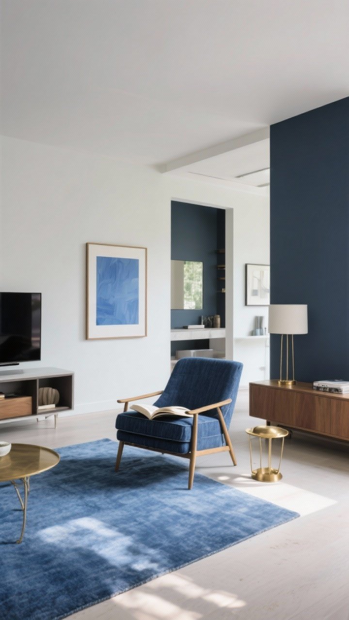 Medium shot, straight-on: A flowing open area styled with gradients and tones rather than stark blocks—show a calm monochrome reading nook using layered blues (navy chair, denim-toned rug, sky-blue artwork), a shared accent of brass used subtly across nearby zones (lamp, picture frame), and a gradual shift from deeper tones in a cozy TV corner to lighter tones in a high-traffic pass-through for airiness. Balanced daylight with gentle shadows, sophisticated, curated mood.
